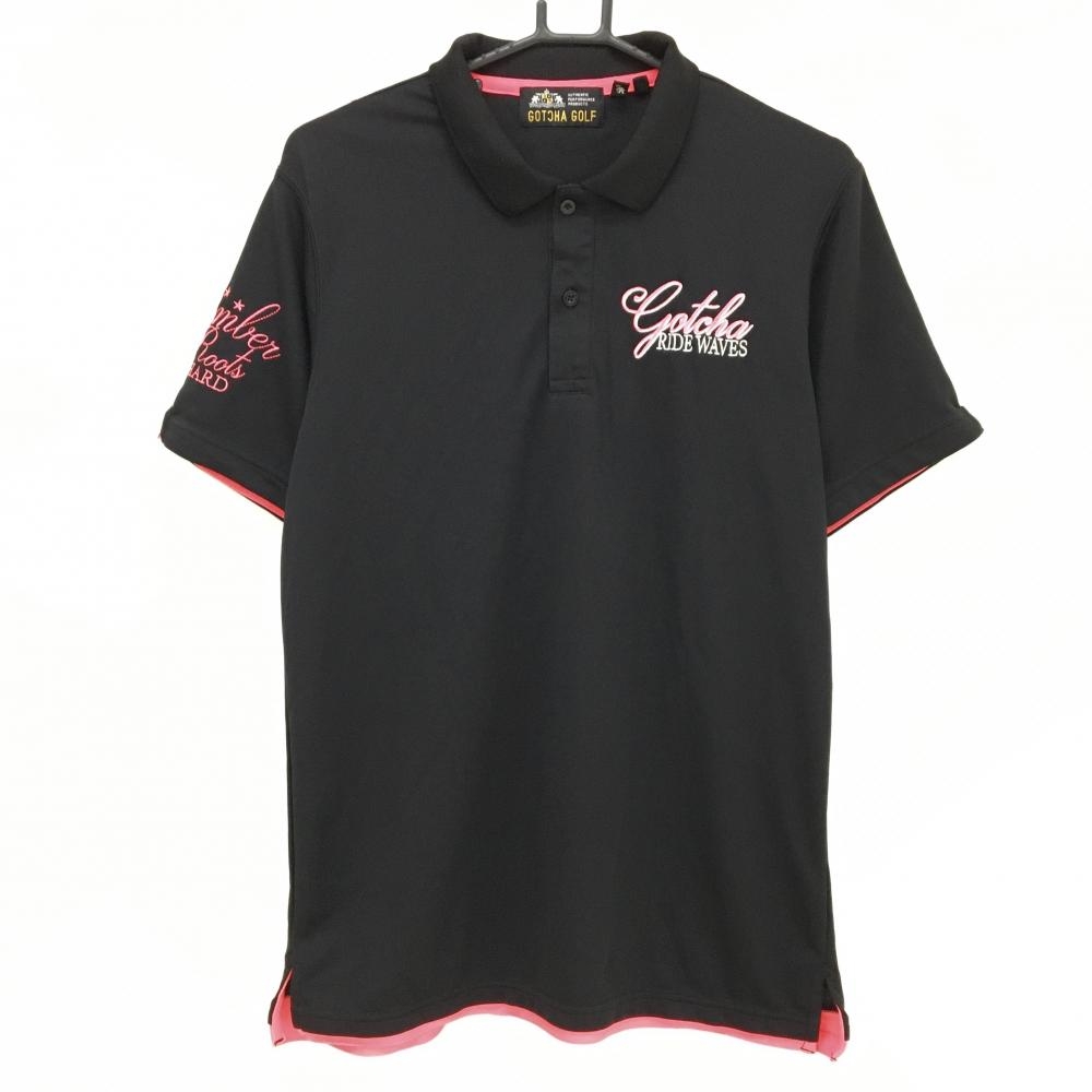 【超美品】ガッチャゴルフ 半袖ポロシャツ 黒×蛍光ピンク 襟裏ロゴ メンズ L ゴルフウェア GOTCHA GOLF