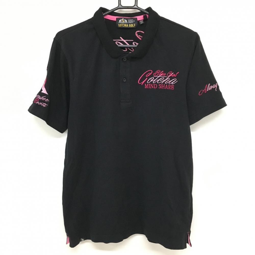 【美品】ガッチャゴルフ 半袖ポロシャツ 黒×ピンク ロゴ刺しゅう襟裏プリント バックロゴ メンズ L ゴルフウェア GOTCHA GOLF