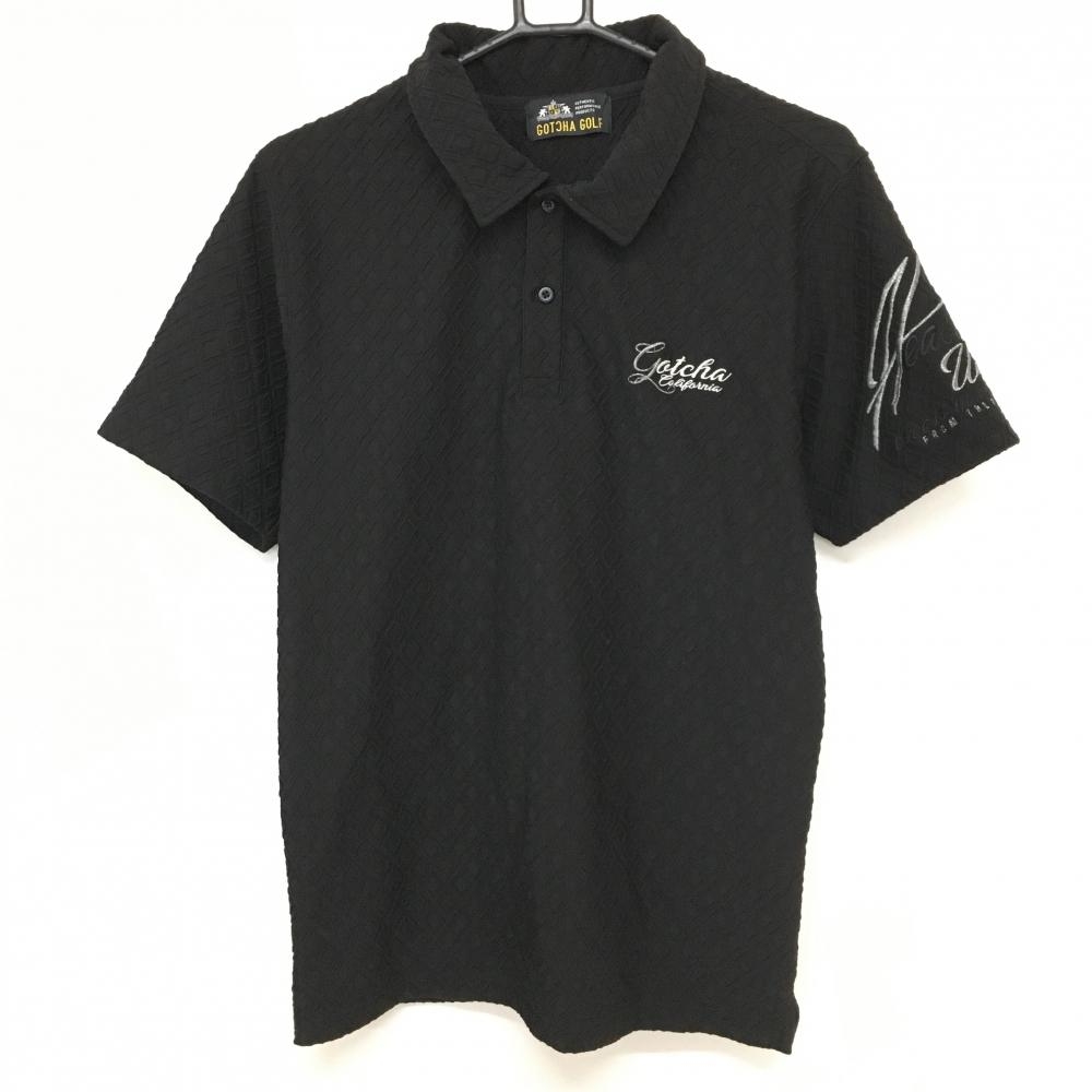 【美品】ガッチャゴルフ 半袖ポロシャツ 黒 ダイヤ柄織生地 ロゴ刺しゅう メンズ  ゴルフウェア GOTCHA GOLF