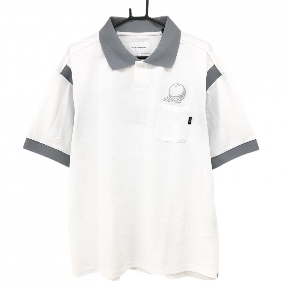 【超美品】ノンプロフェッショナルジーシー 半袖ポロシャツ 白×グレー 背面ビッグロゴ  メンズ L ゴルフウェア NON PROFESSIONAL G.C.