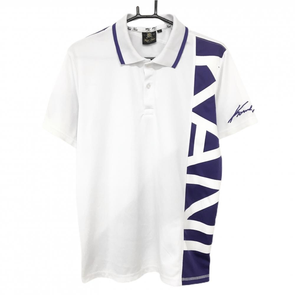 カールカナイゴルフ 半袖ポロシャツ 白×パープル ビッグロゴ 襟裏プリント メンズ L ゴルフウェア Karl Kani GOLF
