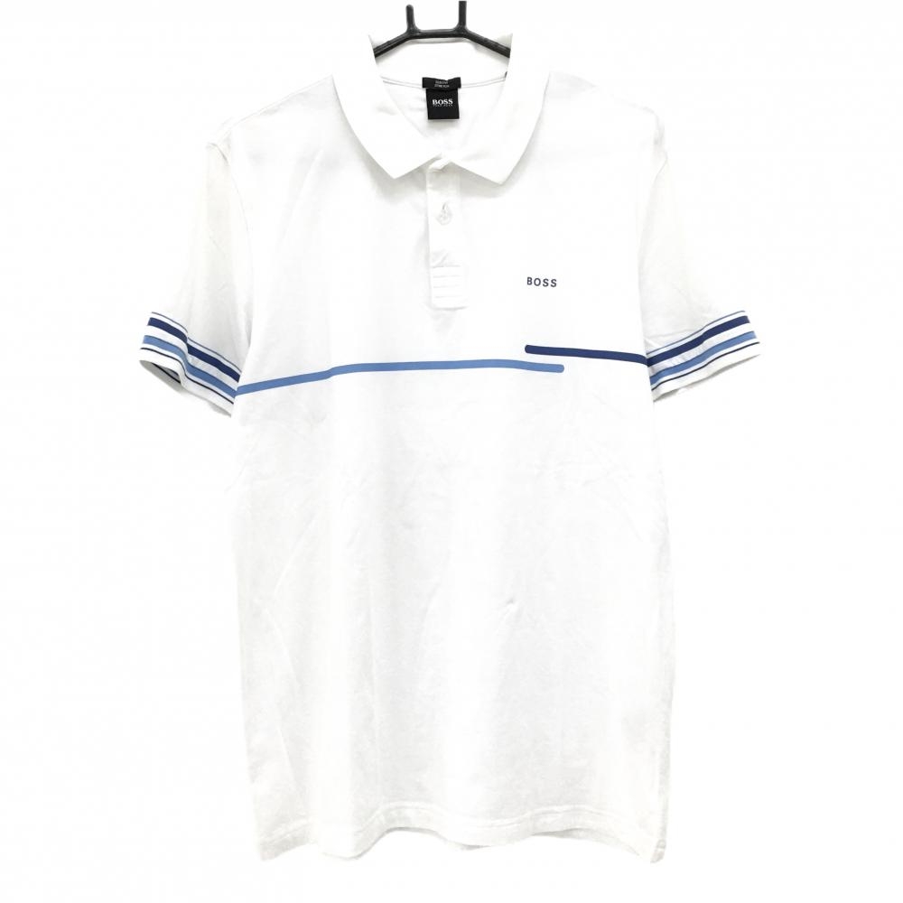 【美品】ヒューゴボス 半袖ポロシャツ 白×ブルー×ライトブルー ロゴプリント メンズ XL ゴルフウェア HUGO BOSS