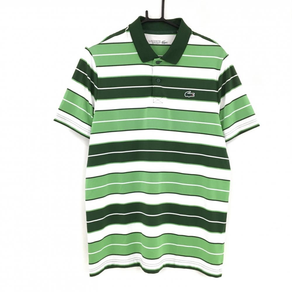 【超美品】ラコステスポーツ 半袖ポロシャツ グリーン×白 ボーダー  メンズ US-M ゴルフウェア LACOSTE