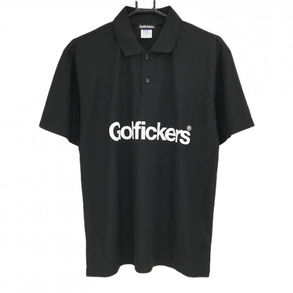 【超美品】ゴルフィッカーズ 半袖ポロシャツ 黒×白 ロゴプリント メンズ L ゴルフウェア Golfickers