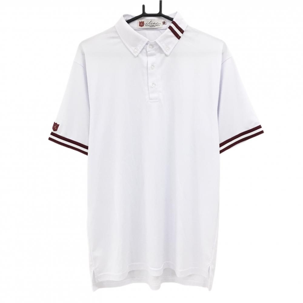 【美品】イリアックゴルフ 半袖ポロシャツ 白×ボルドー 袖2ライン ボタンダウン メンズ M ゴルフウェア ILIAC GOLF