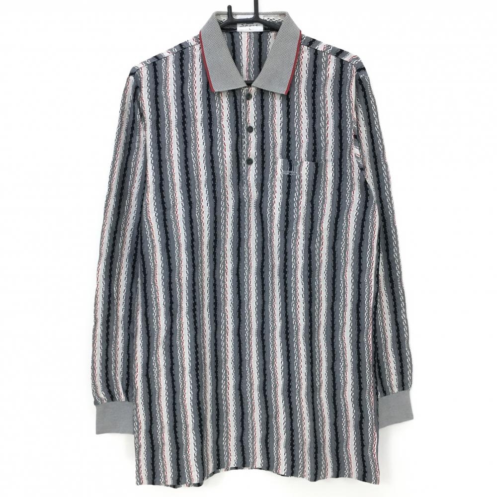 【超美品】ダンヒルスポーツ 長袖ポロシャツ グレー×黒 ストライプ調 ロゴ刺しゅう メンズ L ゴルフウェア dunhill Sport