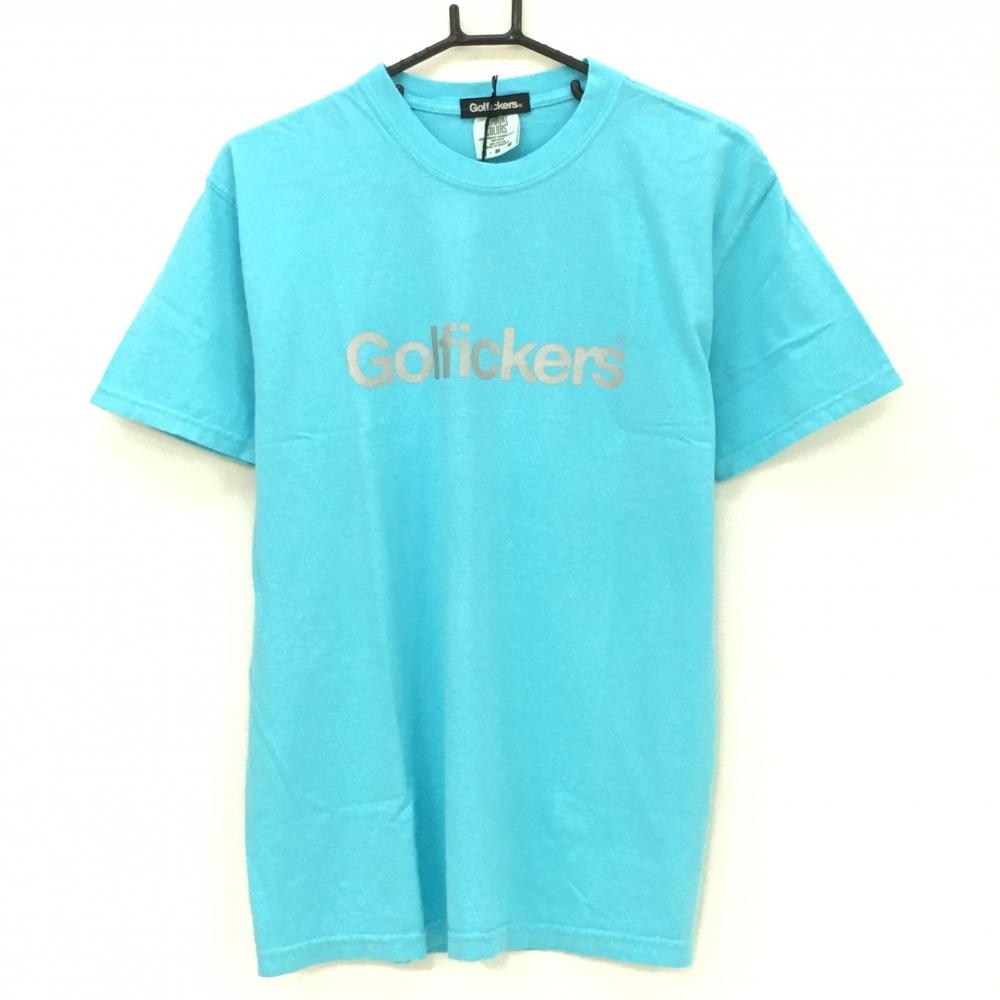 【新品】ゴルフィッカーズ Tシャツ ライトブルー×シルバー 後ビッグロゴ メンズ M ゴルフウェア Golfickers