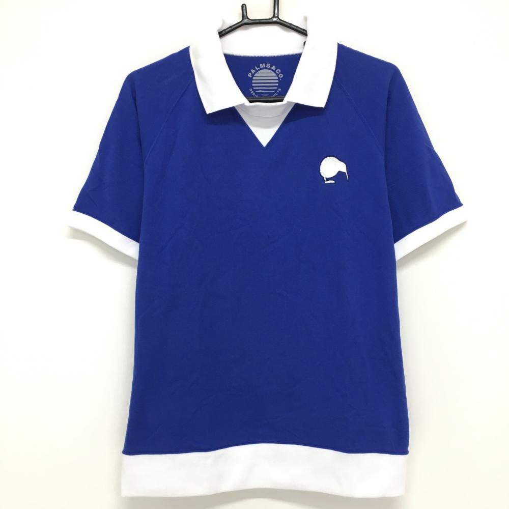 パームスアンドコー 襟付き半袖プルオーバー ブルー×白 綿100％  メンズ L ゴルフウェア PALMS＆CO