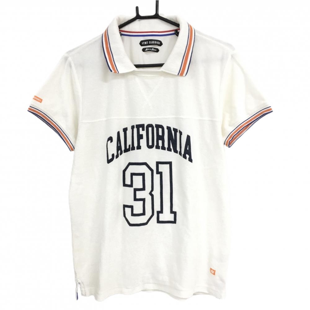 【美品】ティーエムティークラシック 襟付き半袖シャツ アイボリー×オレンジ パイル地 メンズ L ゴルフウェア TMT CLASSIC