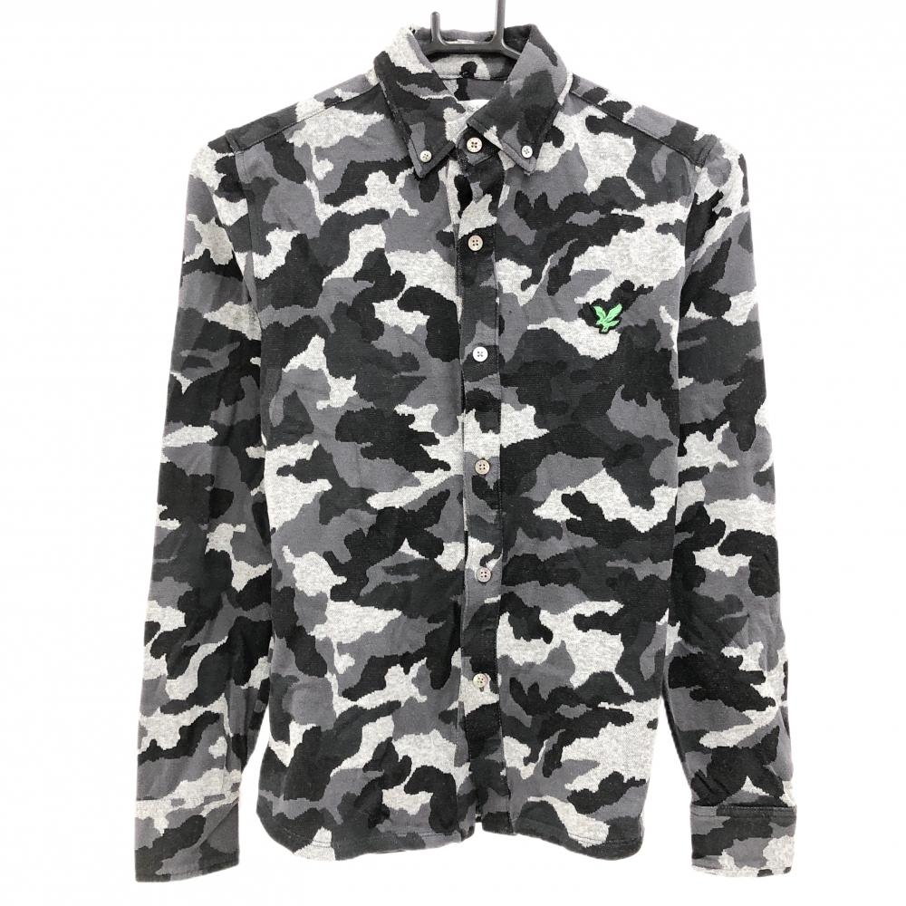 【美品】ライルアンドスコット 長袖シャツ グレー×黒 カモフラ柄 迷彩 ボタンダウン メンズ S ゴルフウェア LYLE＆SCOTT