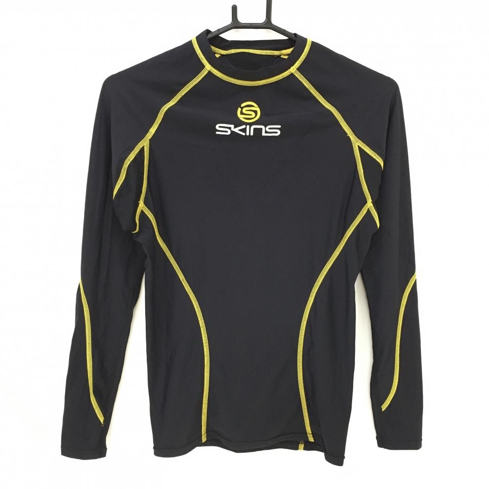 【超美品】スキンズ ハイネックインナーシャツ 黒×イエロー ナイロン混 収納袋付 メンズ M ゴルフウェア 