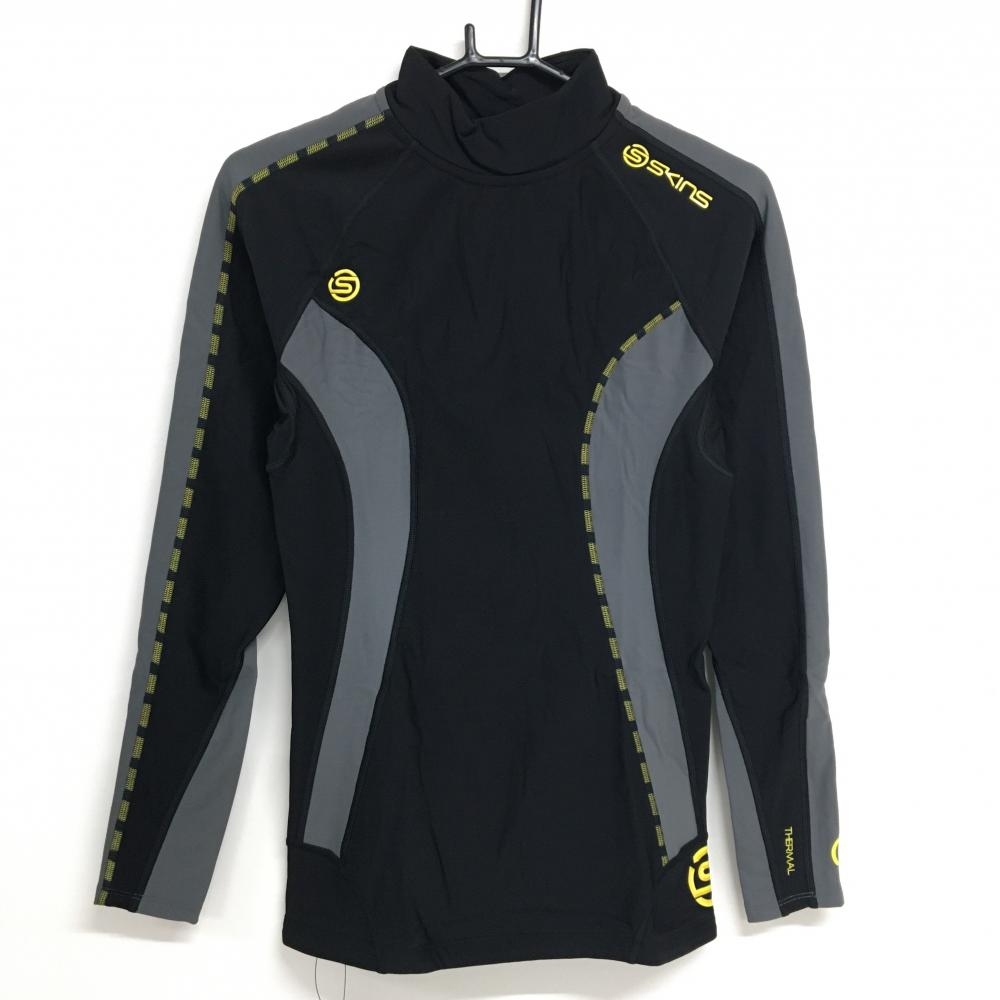 【新品】スキンズ ハイネックインナーシャツ 黒×グレー×イエロー 裏起毛 コンプレッション DNAMIC thermal メンズ L ゴルフウェア SKINS