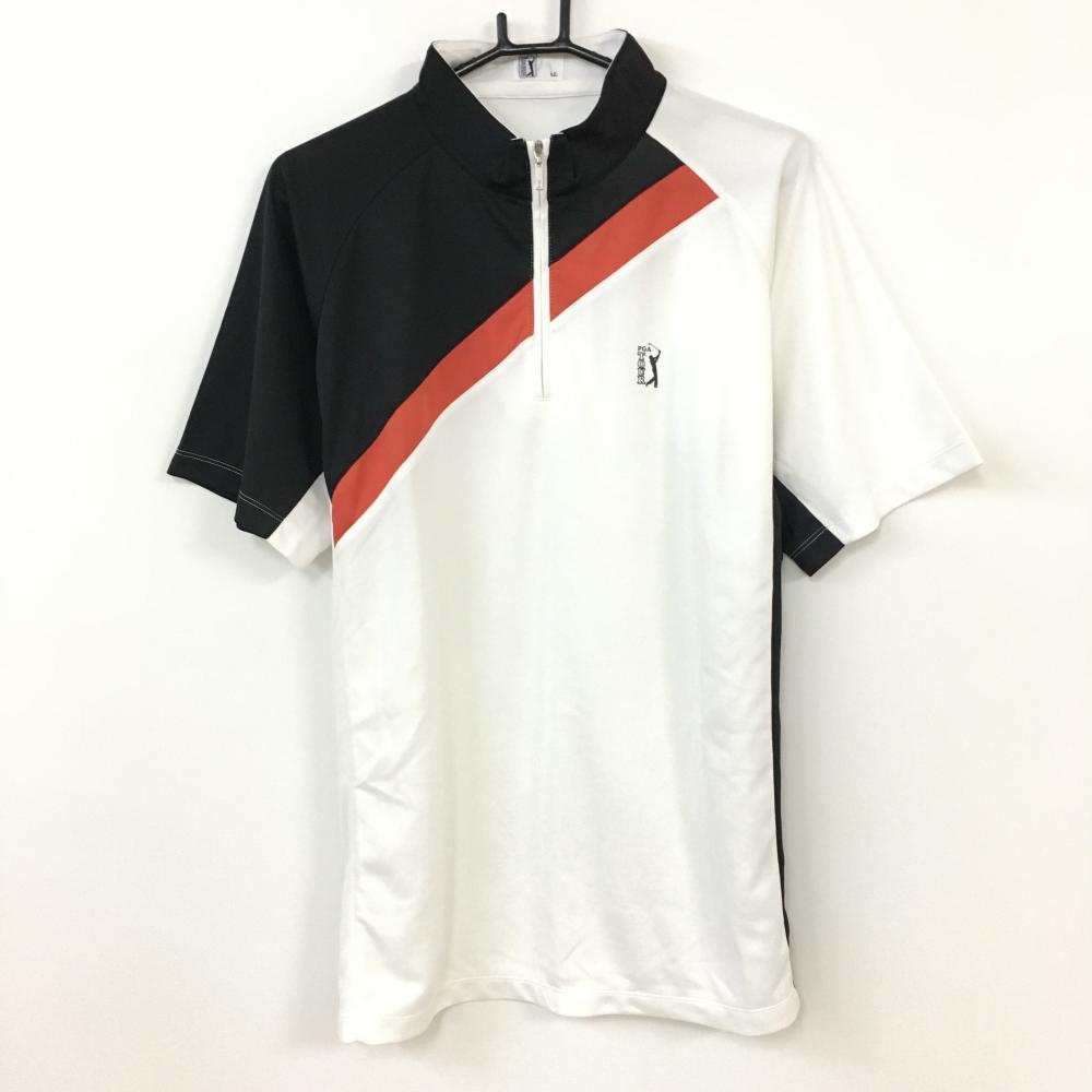 【超美品】PGA ピージーエーツアー 半袖ハイネックシャツ 白×黒×レッド ハーフジップ メンズ LL ゴルフウェア
