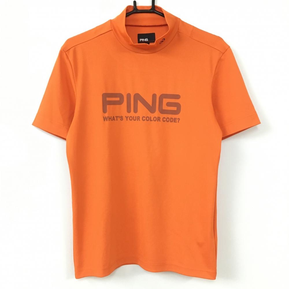 【超美品】ピン 半袖ハイネックシャツ オレンジ ビッグロゴプリント メンズ S ゴルフウェア 2021年モデル PING