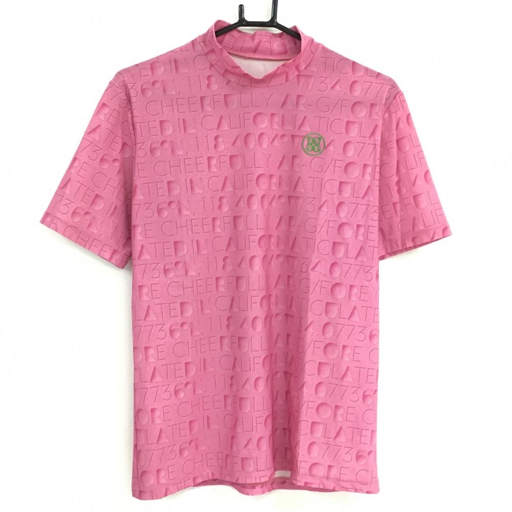 【超美品】ジーフォア 半袖ハイネックシャツ ピンク 総柄 ロゴ刺しゅう メンズ 2(L) ゴルフウェア G/FORE