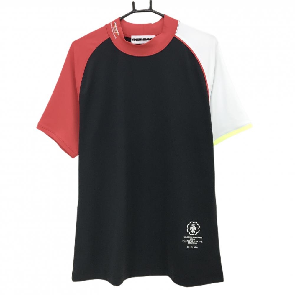 【超美品】ディセンバーメイ 半袖ハイネックシャツ 黒×レッド×白 ストレッチ メンズ XL ゴルフウェア DECEMBERMAY