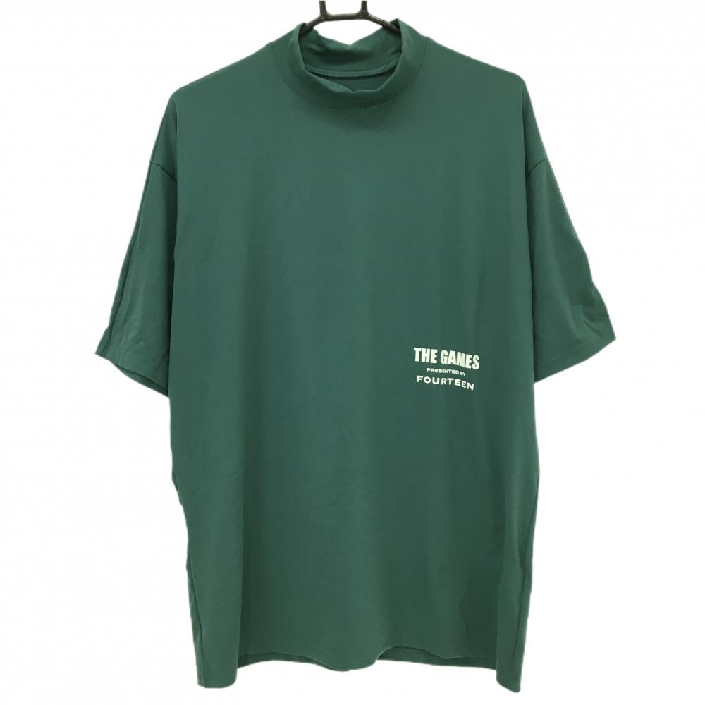 【美品】フォーティーン 半袖ハイネックシャツ グリーン×白 背面プリント  メンズ L ゴルフウェア FOURTEEN