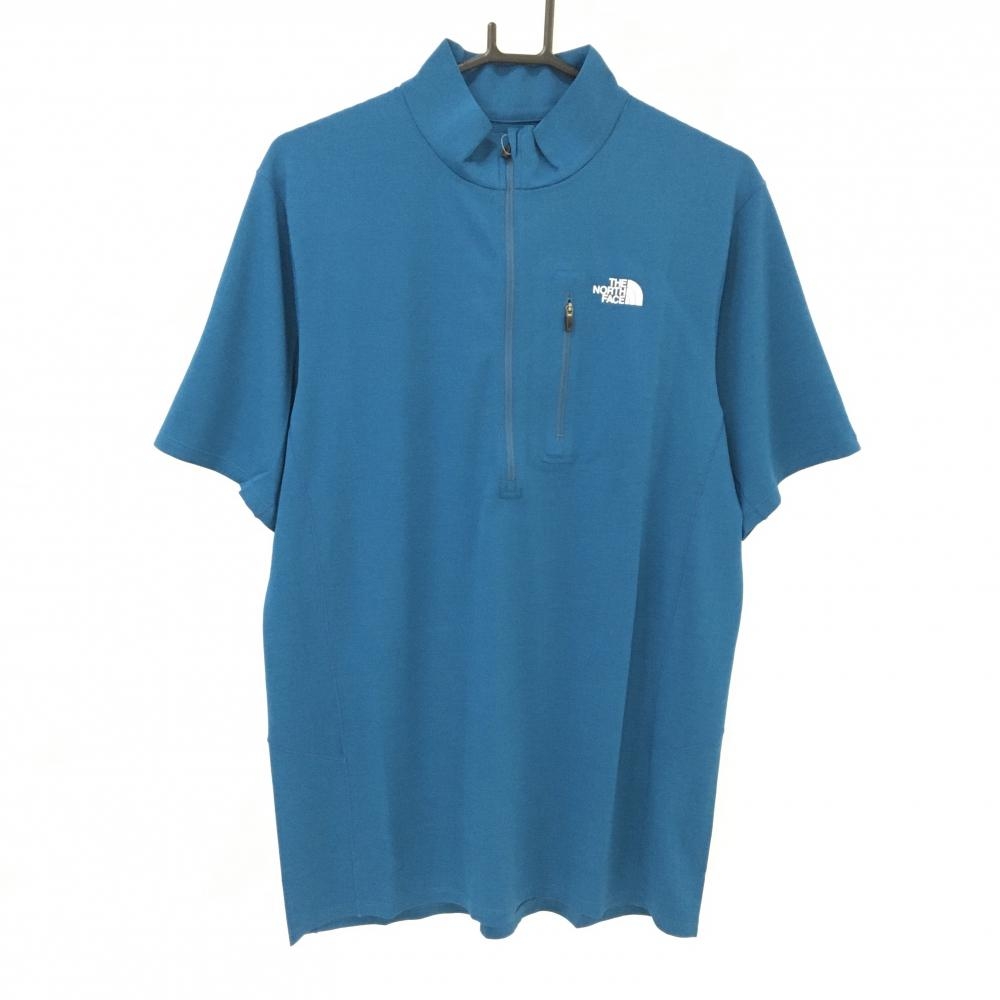 【新品】ノースフェイス 半袖ハイネックシャツ ブルー ロゴ白 ハーフジップ メンズ XL ゴルフウェア THE NORTH FACE