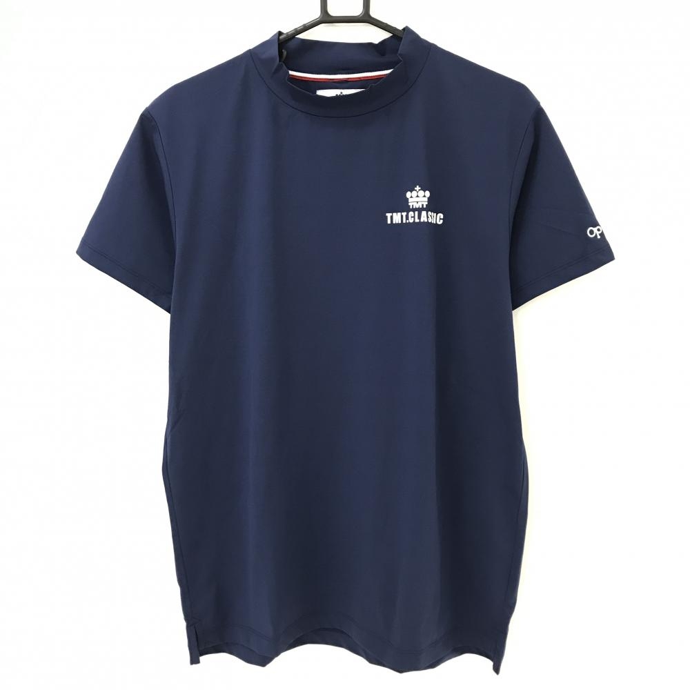 【超美品】ティーエムティークラシック 半袖ハイネックシャツ ネイビー×白 後ビッグプリント メンズ XL ゴルフウェア TMT.CLASSIC