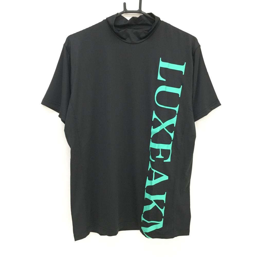 【新品】リュクスエイケイエムプラス 半袖ハイネックシャツ 黒×ミントグリーン フロントサイドロゴ メンズ XL ゴルフウェア LUXEAKMPLUS