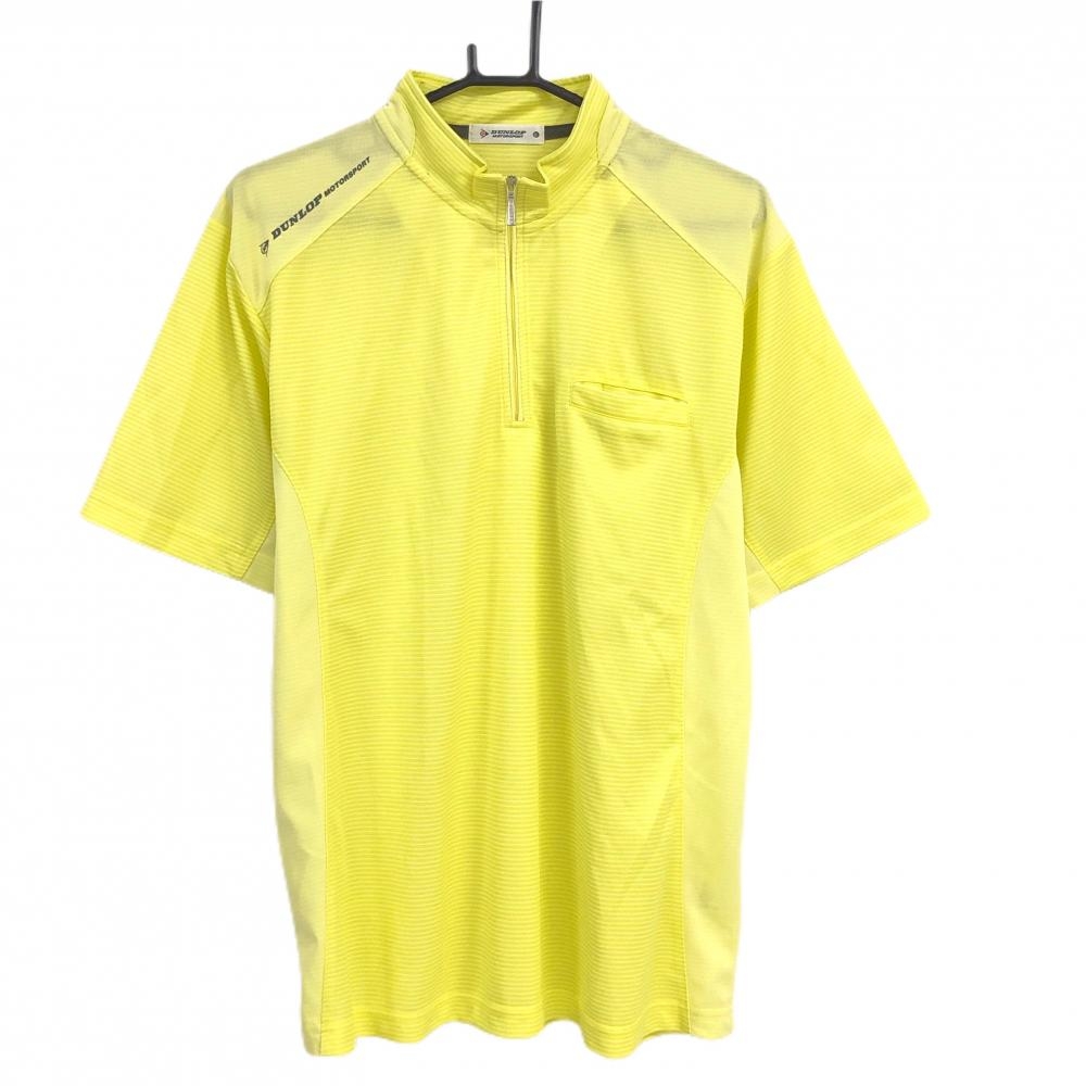 【美品】ダンロップ 半袖ハイネックシャツ イエロー ボーダー地模様 ハーフジップ メンズ 2L ゴルフウェア DUNLOP