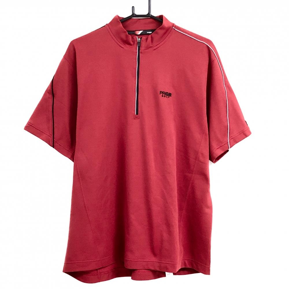 【美品】プロギア 半袖ハイネックシャツ レッド×黒 ハーフジップ ロゴ刺しゅう メンズ LL ゴルフウェア PRGR