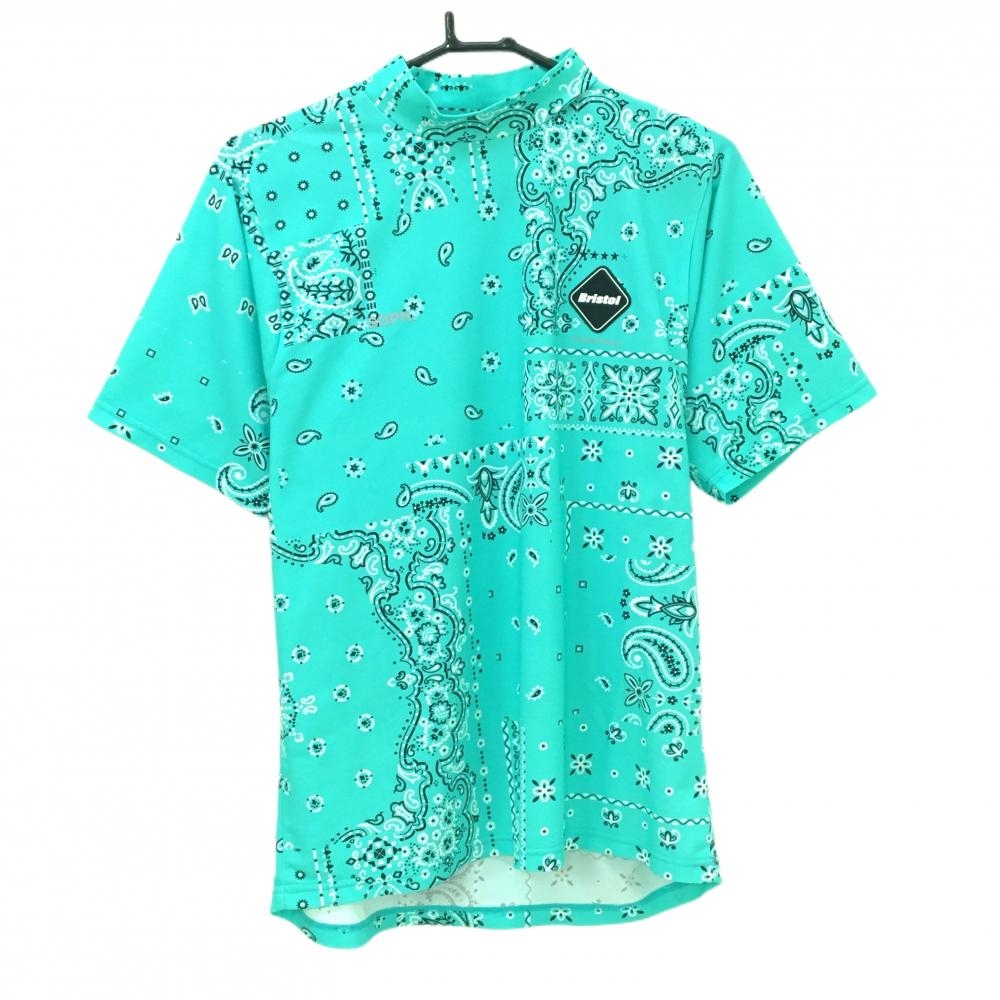 【超美品】エフシーレアルブリストル 半袖ハイネックシャツ ミントグリーン×白×黒 バンダナ柄 メンズ S ゴルフウェア F.C.Real Bristol