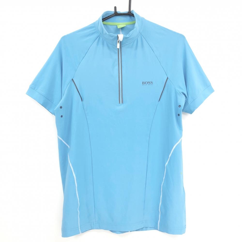 【美品】ヒューゴボス 半袖ハイネックシャツ ライトブルー ハーフジップ メンズ S ゴルフウェア HUGO BOSS
