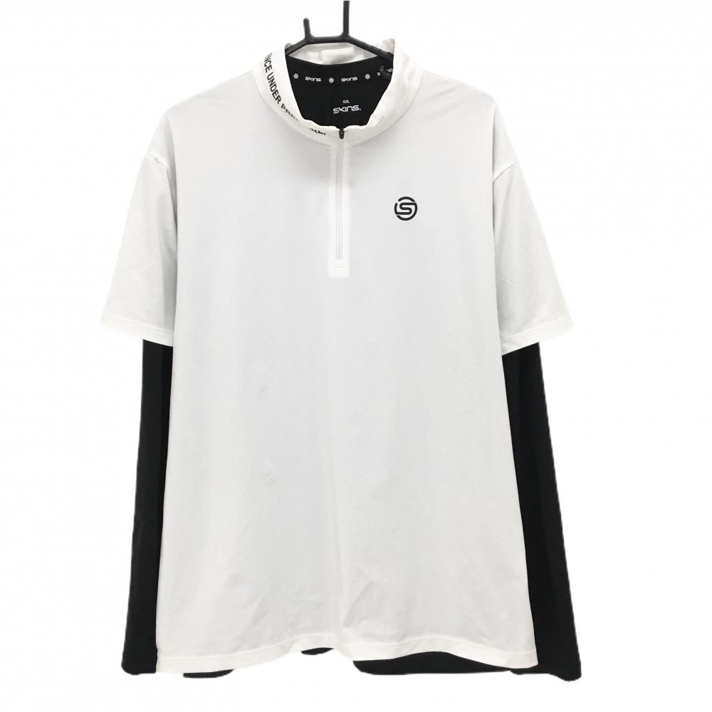 【美品】スキンズ インナー付半袖ハイネックシャツ 白×黒 ハーフジップ ネックプリント メンズ XXL ゴルフウェア 大きいサイズ SKINS