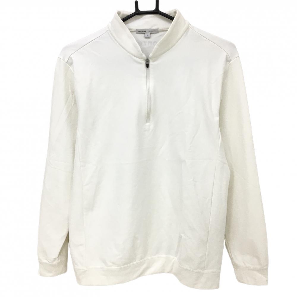 【美品】モンジー 長袖ハイネックシャツ 白 ハーフジップ 裏起毛 メンズ S ゴルフウェア monzee