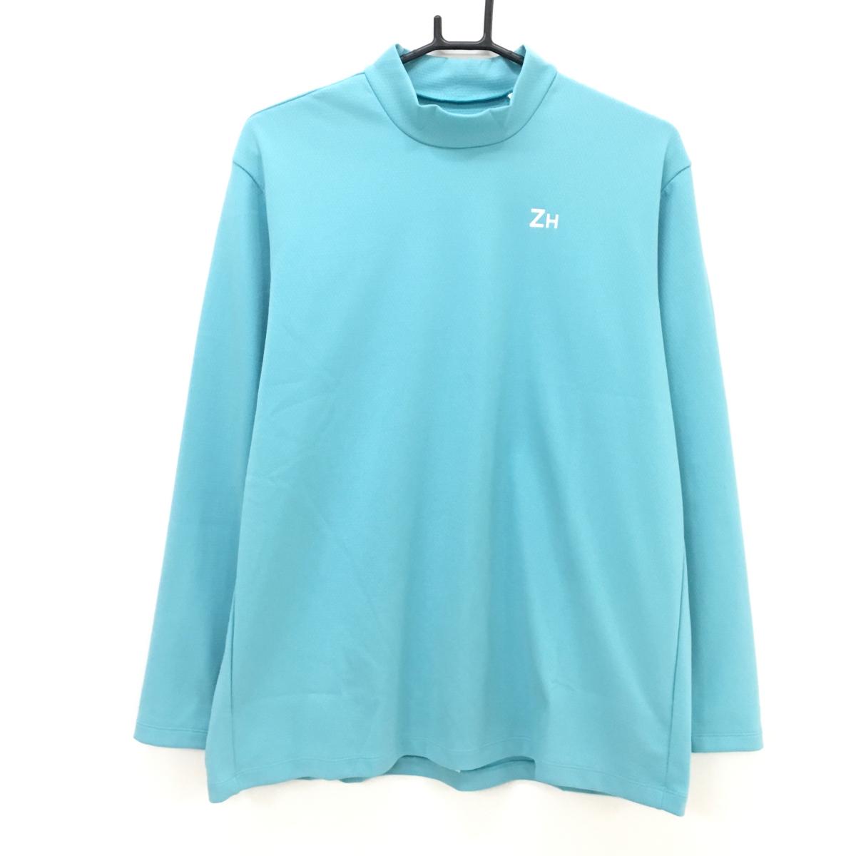 【超美品】ゼロハリバートン 長袖ハイネックシャツ ミントグリーン×白 袖ロゴ ストレッチ  メンズ L ゴルフウェア ZERO HALLIBURTON