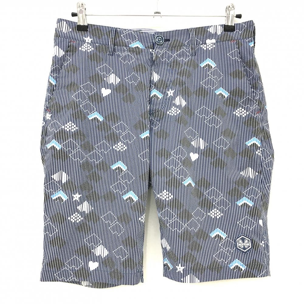 【美品】トヴホ ハーフパンツ ネイビー×白 細ストライプ 総柄 メンズ 02 ゴルフウェア tovho