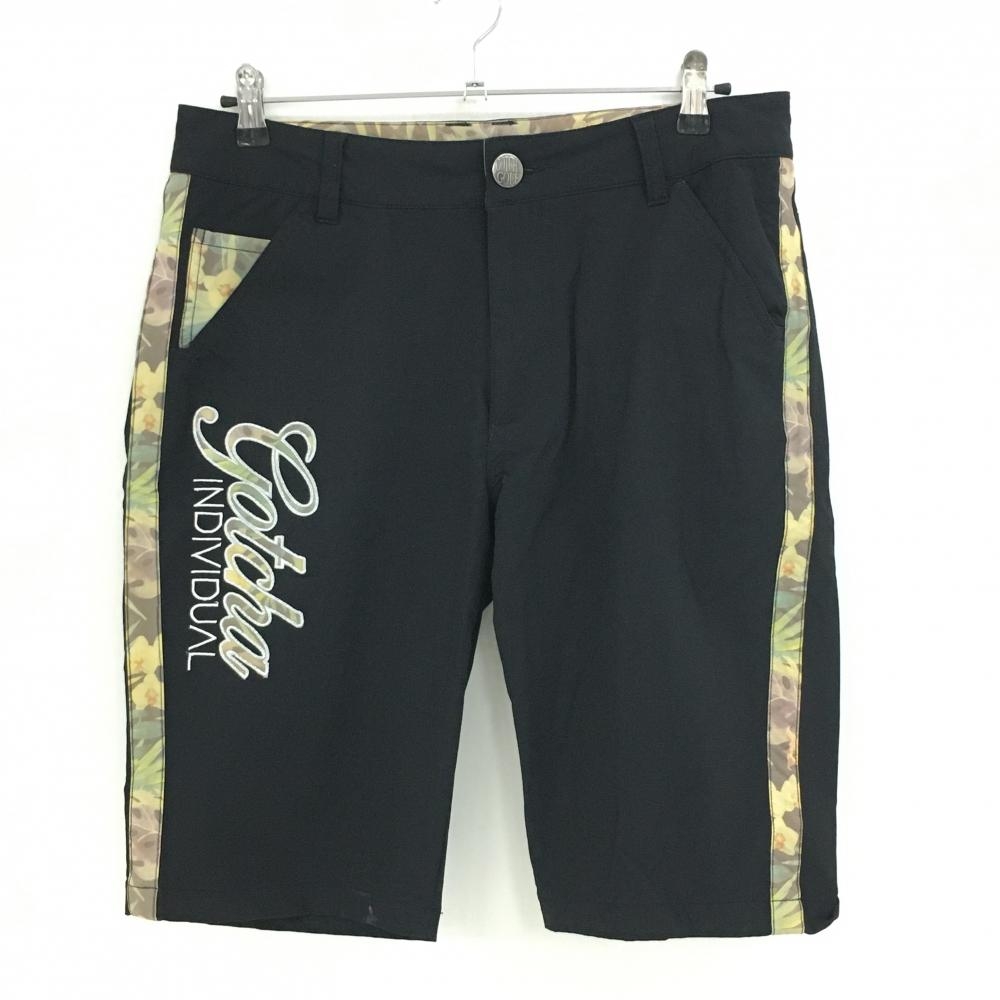 ガッチャゴルフ ハーフパンツ 黒×イエロー系 サイド花柄・リーフ柄 ストレッチ  メンズ XL ゴルフウェア GOTCHA GOLF