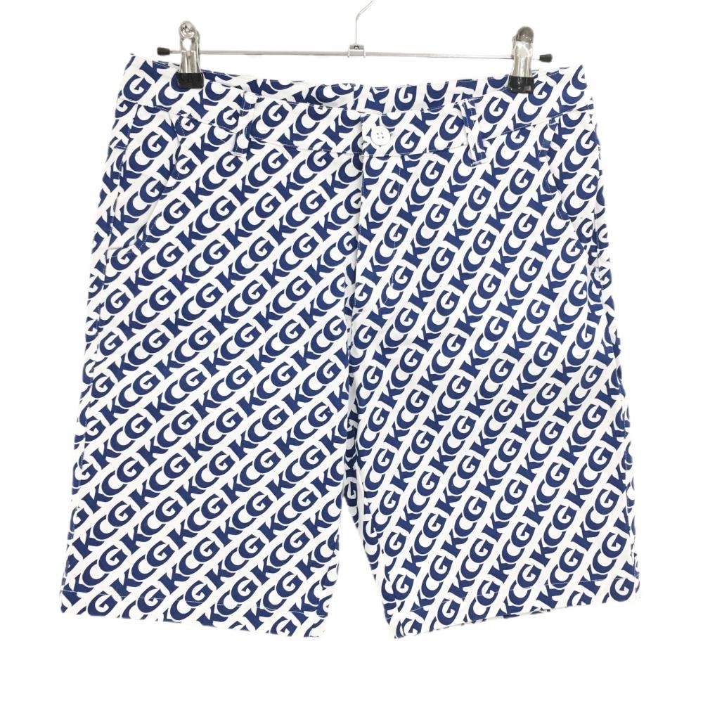 【超美品】キナシサイクル ハーフパンツ 白×ブルー ロゴ総柄 木梨サイクル メンズ M ゴルフウェア KINASHI CYCLE