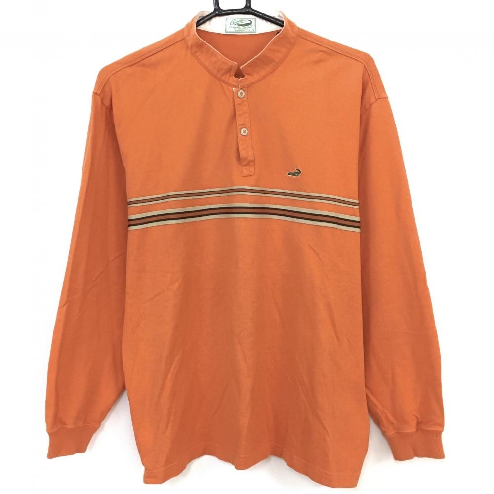 Crocodile クロコダイル 長袖シャツ オレンジ×白 綿100％ スナップボタン ワンポイント メンズ L ゴルフウェア