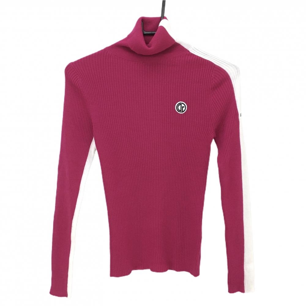 【超美品】シーピージーゴルフ タートルネックセーター ピンク×白 リブ編み ワッペン ニット レディース 1(S) ゴルフウェア CPG GOLF
