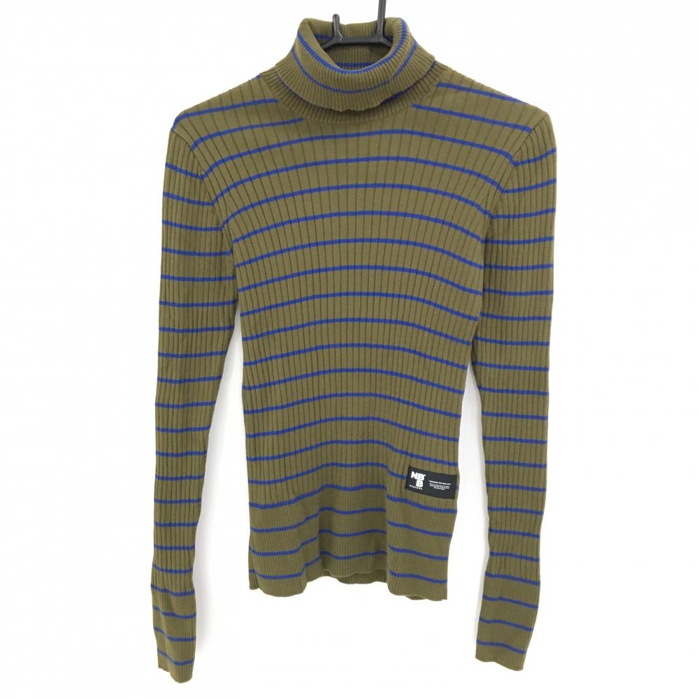【美品】エヌビービーウィークエンド タートルネックセーター カーキ×ブルー ボーダー  レディース 1 ゴルフウェア NBB WEEKEND