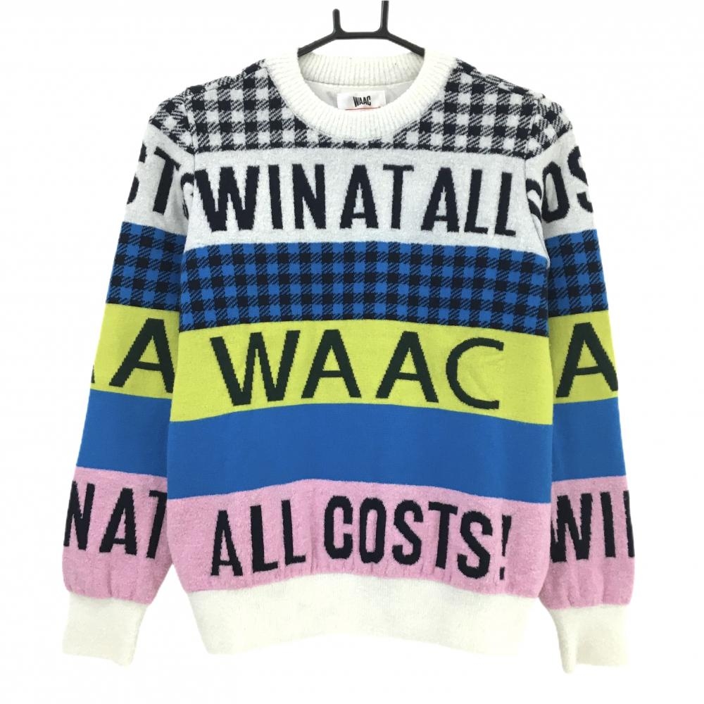 【美品】ワック セーター 白×マルチカラー 総柄 チェック 裏地付 レディース 2(M) ゴルフウェア WAAC