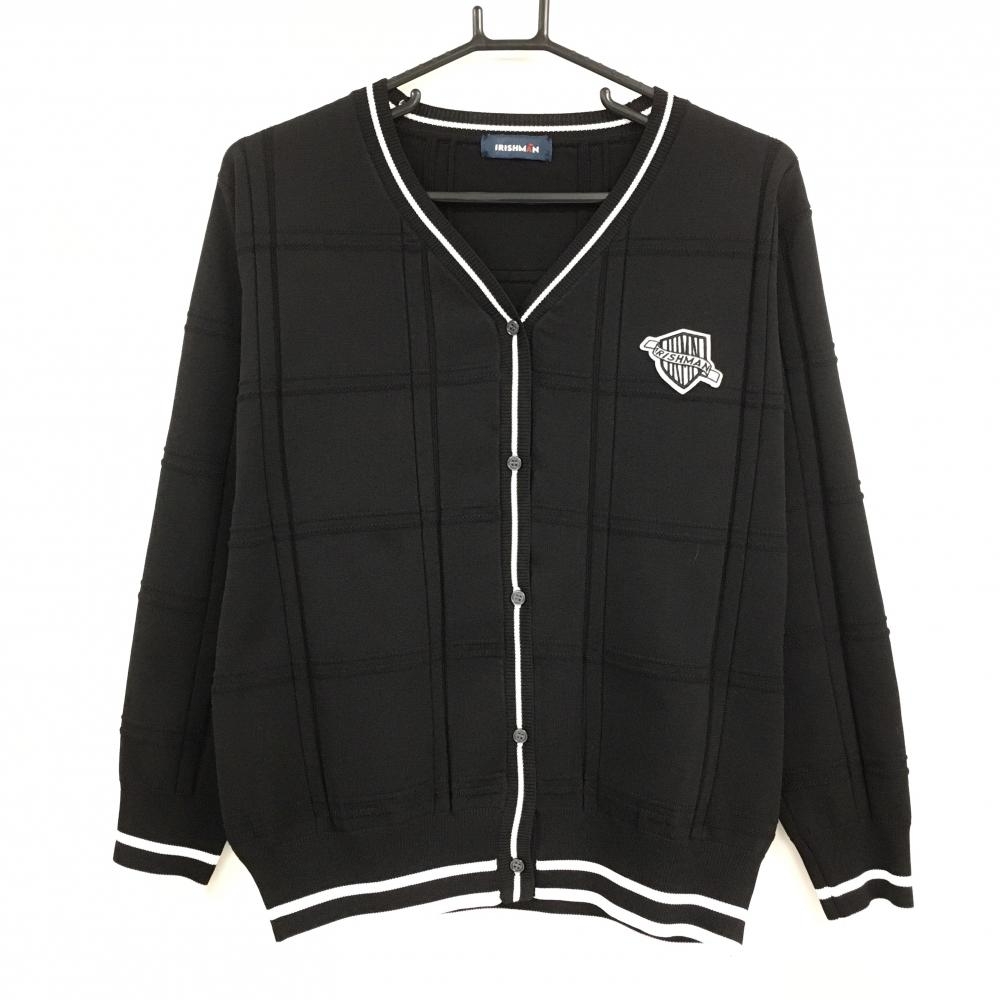 【超美品】アイリッシュマン ニットカーディガン 黒 チェック 胸ロゴ レディース M ゴルフウェア IRISHMAN