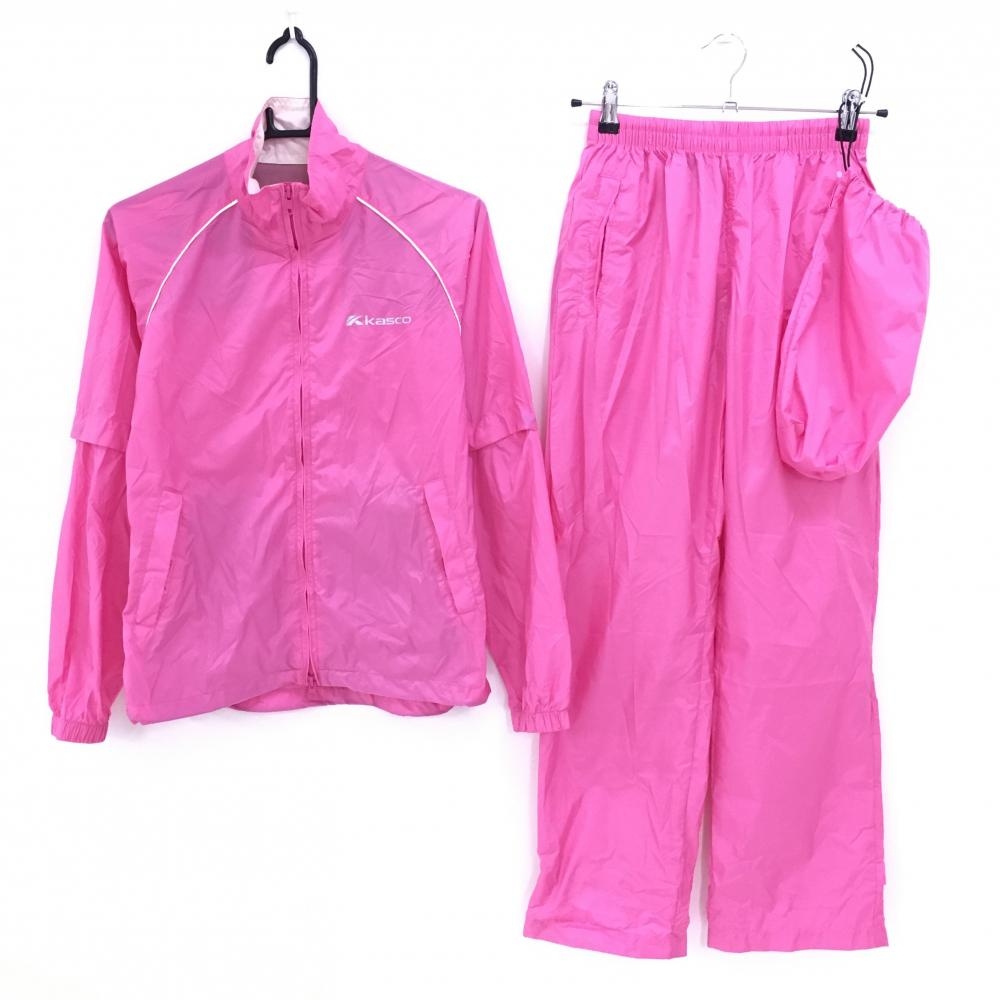 【美品】キャスコ レインウェア(2WAYジャケット×パンツ) ピンク 袖着脱可 収納袋付 レディース M ゴルフウェア kasco