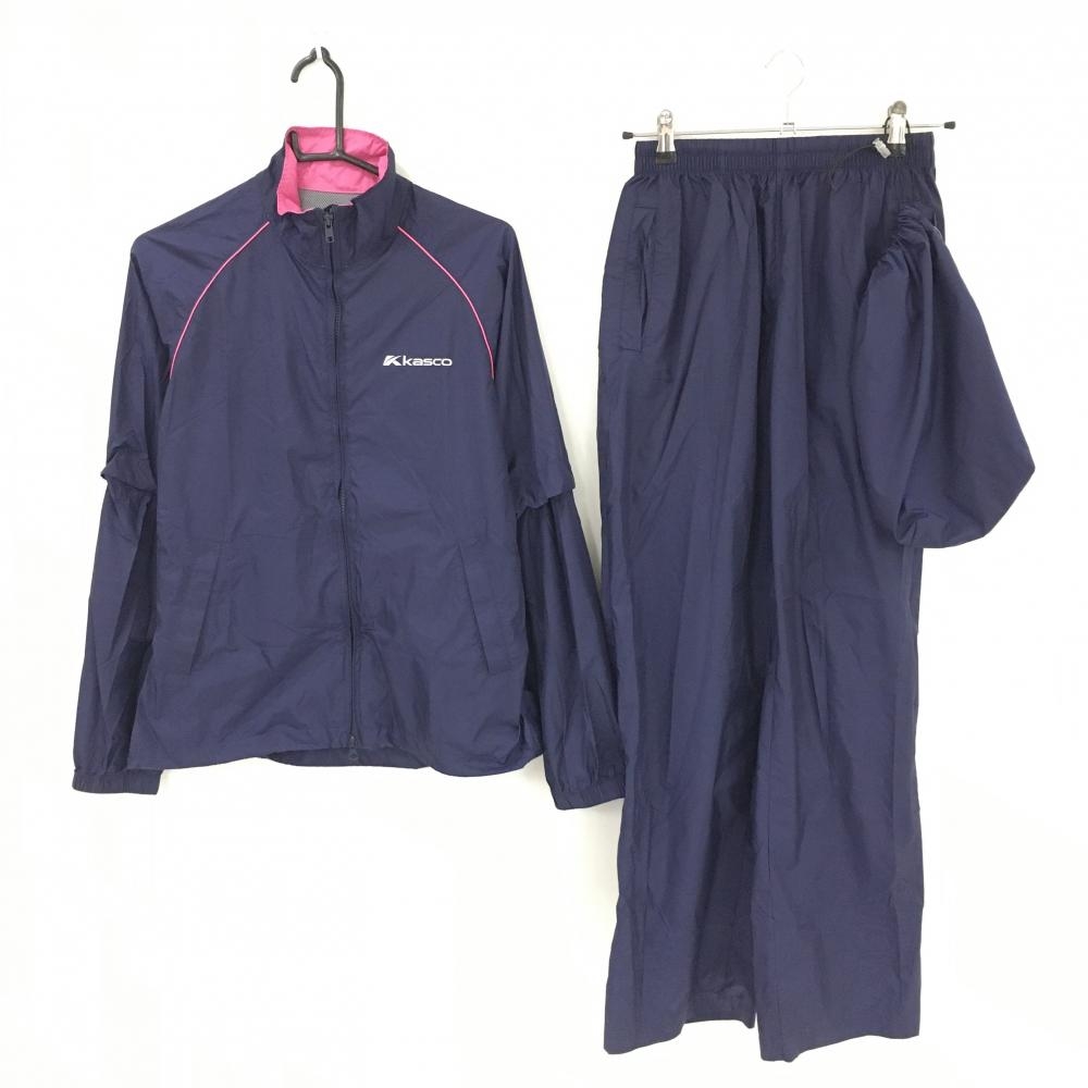 【超美品】キャスコ レインウェア(2WAジャケット×パンツ) ネイビー×ピンク 袖着脱可 収納袋付 レディース L ゴルフウェア kasco