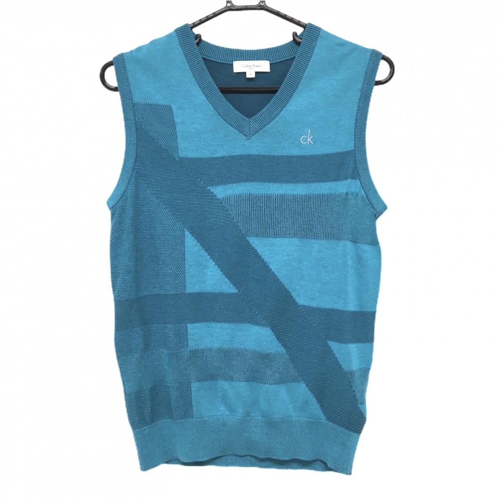 【超美品】カルバンクラインゴルフ ニットベスト グリーンブルー 総柄 胸ロゴ Vネック レディース M ゴルフウェア Calvin Klein 