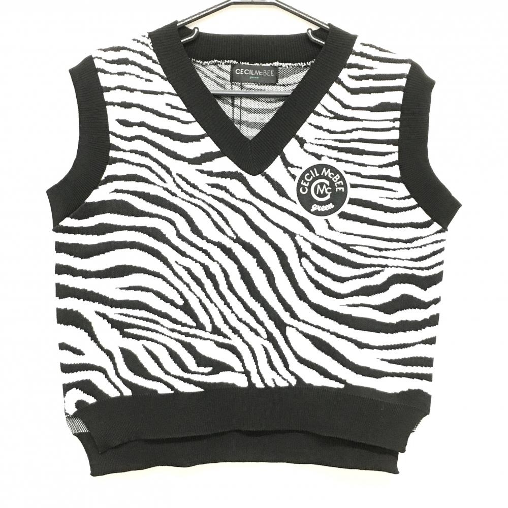 【新品】セシルマクビーグリーン ニットベスト 黒×白 ゼブラ柄  レディース F ゴルフウェア CECIL McBEE