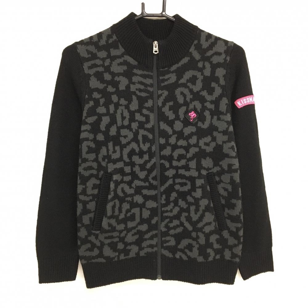 【美品】キスマークゴルフ ニットジャケット 黒×グレー 前面アニマル調  レディース M ゴルフウェア KISS MARK GOLF