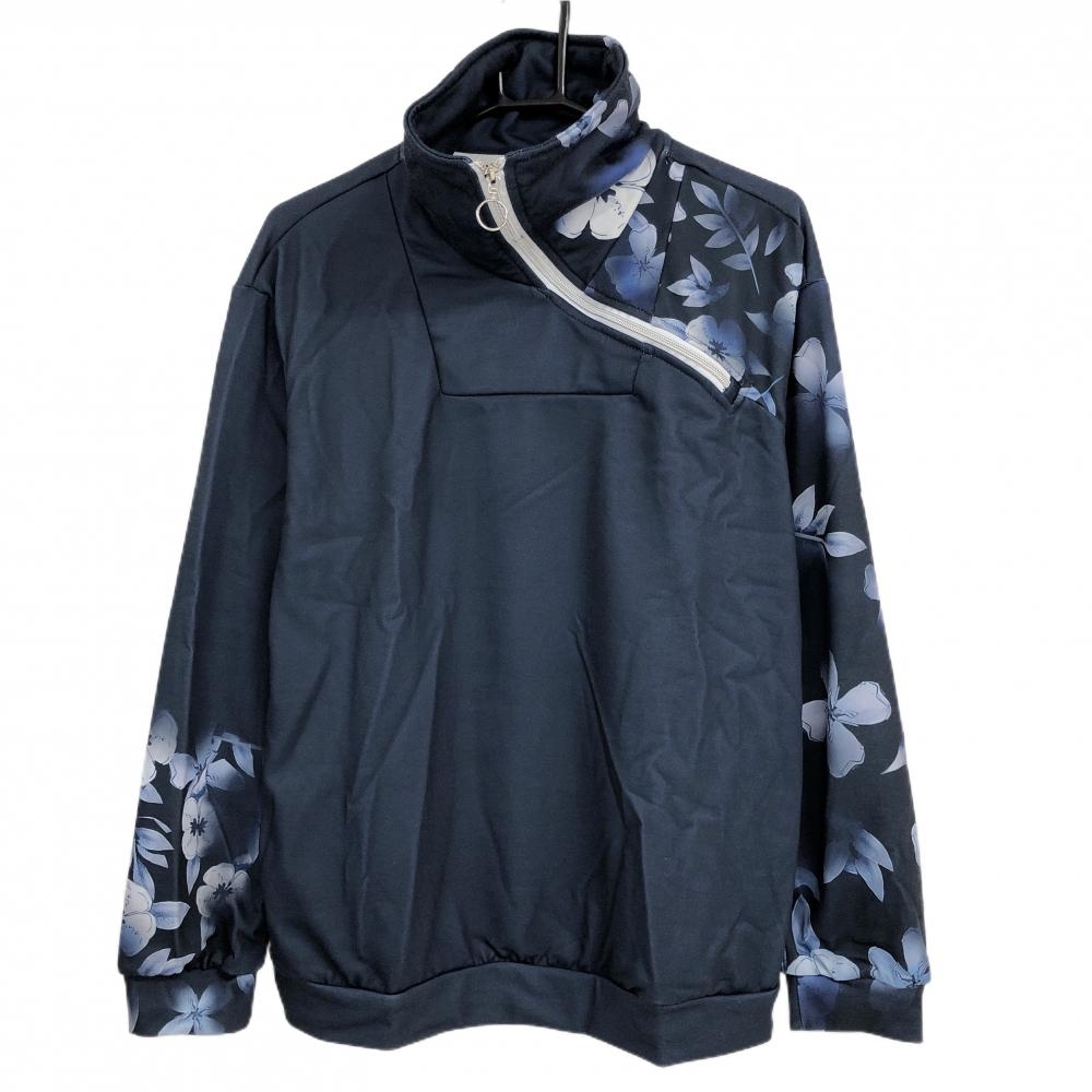【新品】エースゴルフ ブルゾン ネイビー 一部花柄 裏微起毛 ストレッチ 斜めハーフジップ  レディース L ゴルフウェア ACEGOLFS