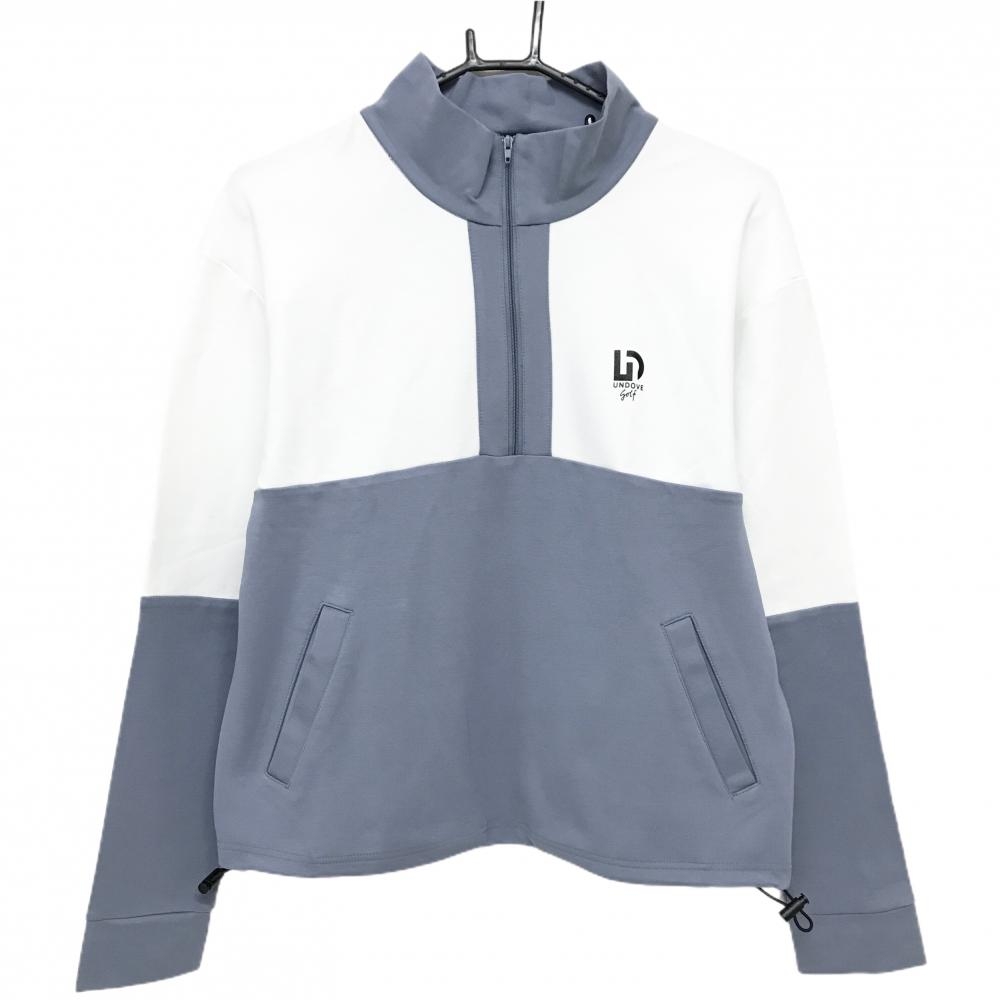 【美品】アンドゥーブゴルフ ブルゾン ブルーグレー×白 ハーフジップ 裏微起毛 裾ドローコード レディース M ゴルフウェア UNDOVE golf