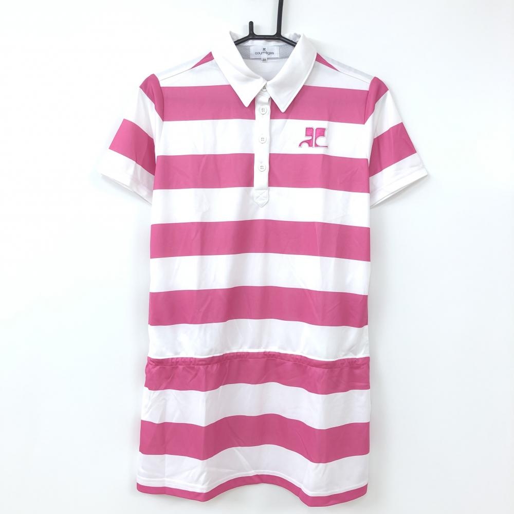 【超美品】Courr?ges クレージュ 半袖ポロシャツ ピンク×白 ボーダー チュニック 左右ポケット レディース 38 ゴルフウェア