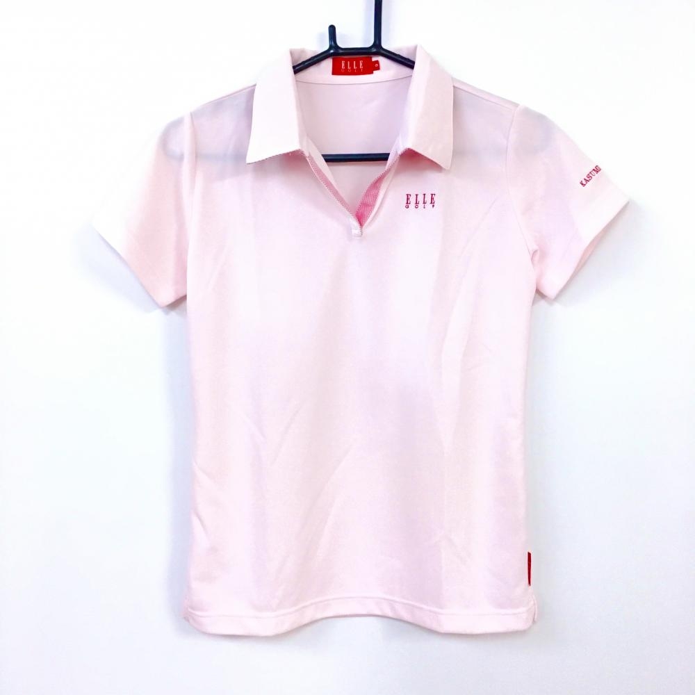 【美品】ELLE エル 半袖ポロシャツ ピンク×レッド シンプル ロゴ刺しゅう レディース 9(Ｍ) ゴルフウェア
