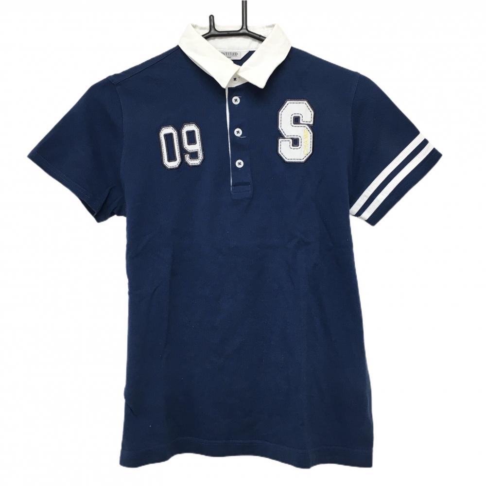 【美品】アンタイトルスポーツ 半袖ポロシャツ ネイビー×白 ワッペン 袖2ライン レディース M ゴルフウェア UNTITLED SPORT