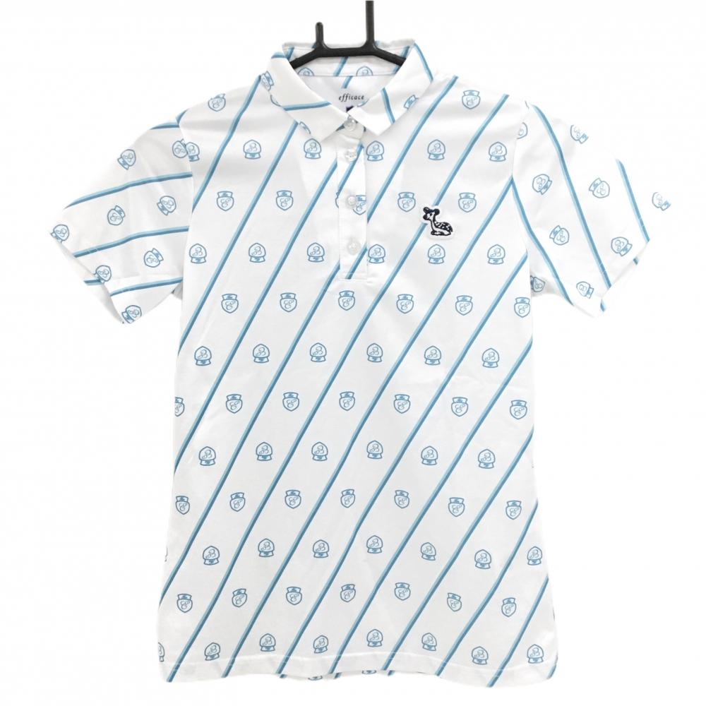 【美品】エフィカス 半袖ポロシャツ 白×ライトブルー ロゴ総柄 斜めライン  レディース S ゴルフウェア efficace
